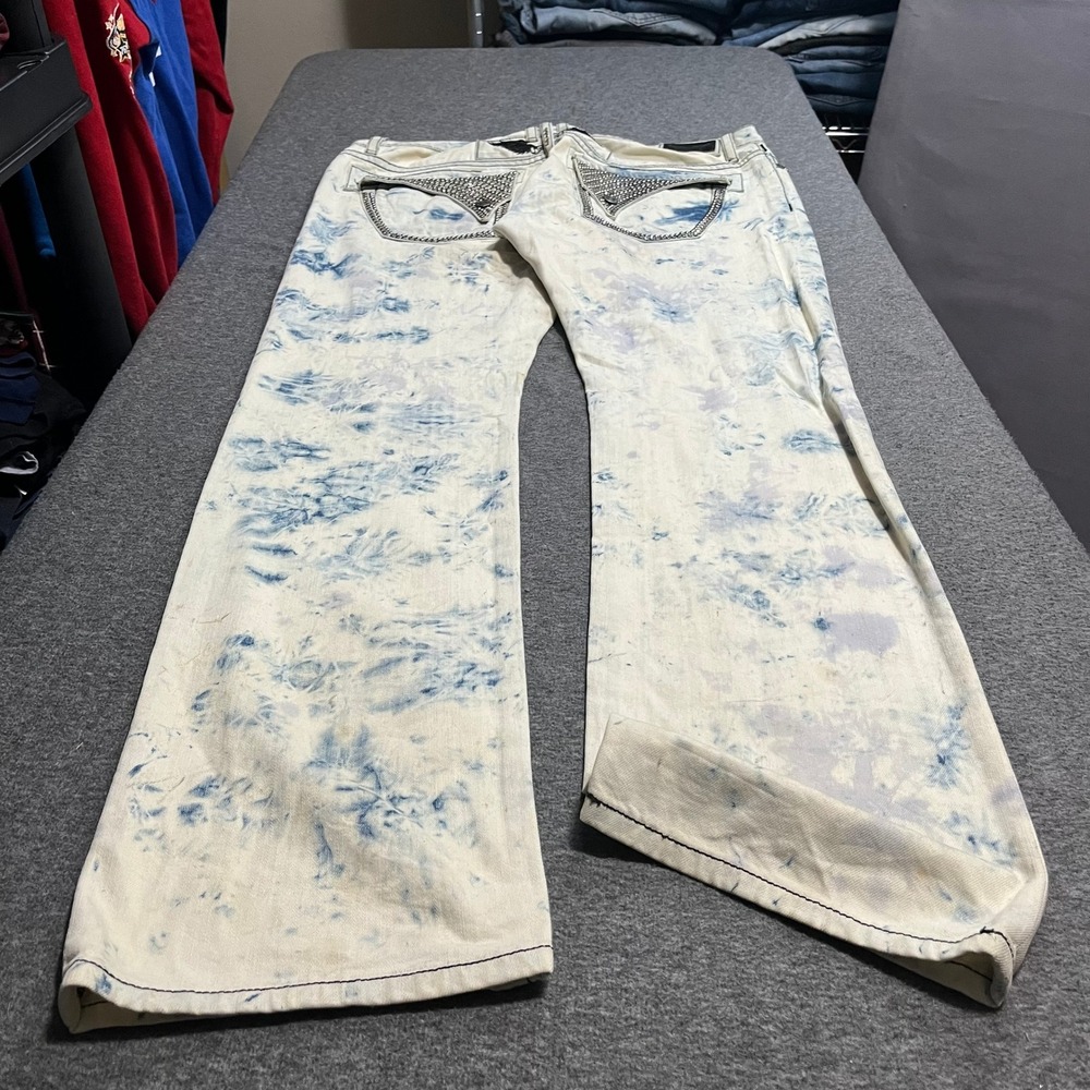 Robins Jean Mens 40x36 Tie Dye Studded Wing Flap Pocket Straight Leg Jeans Blue